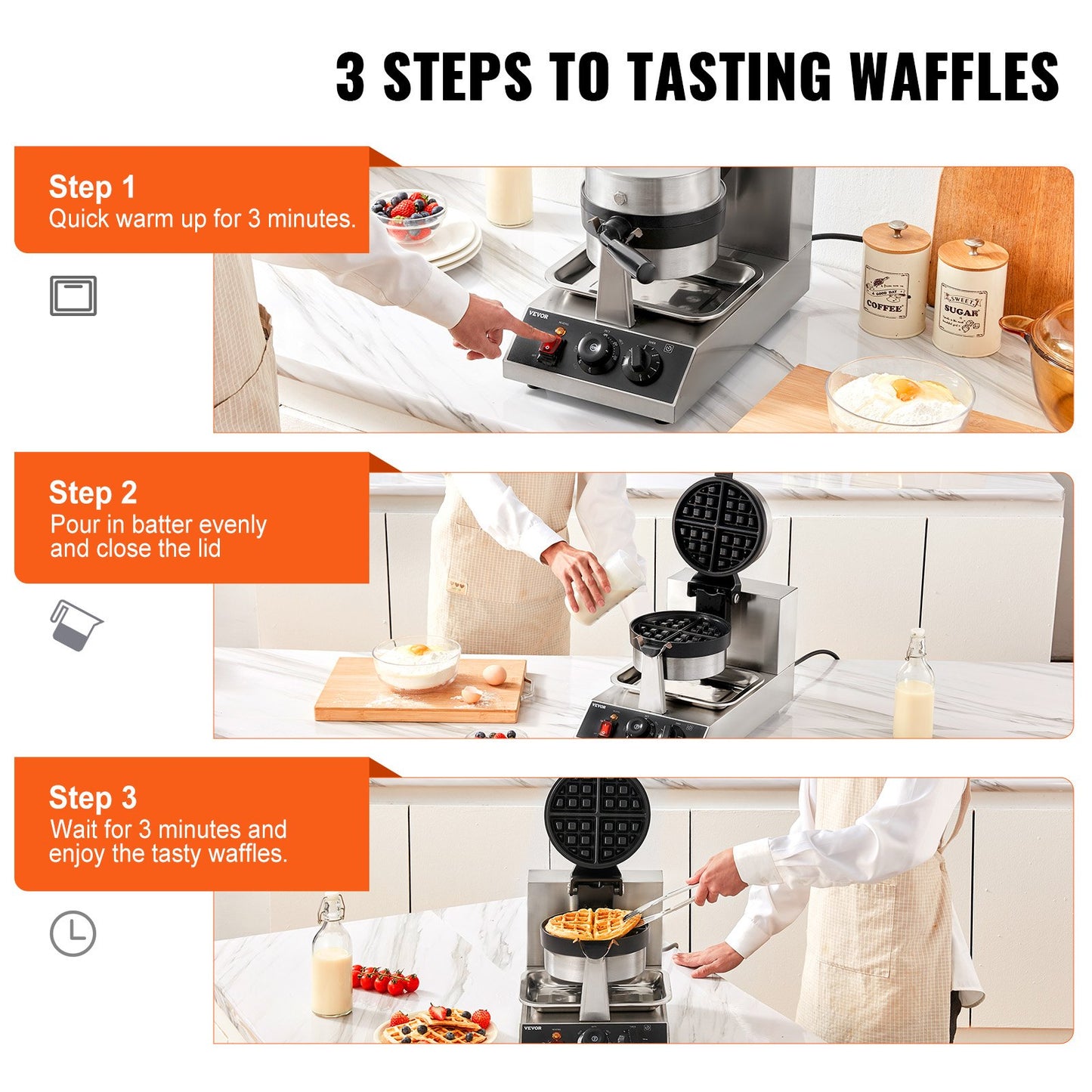 Máquina de Waffles Redonda VEVOR 1300W Rotativa Antiaderente