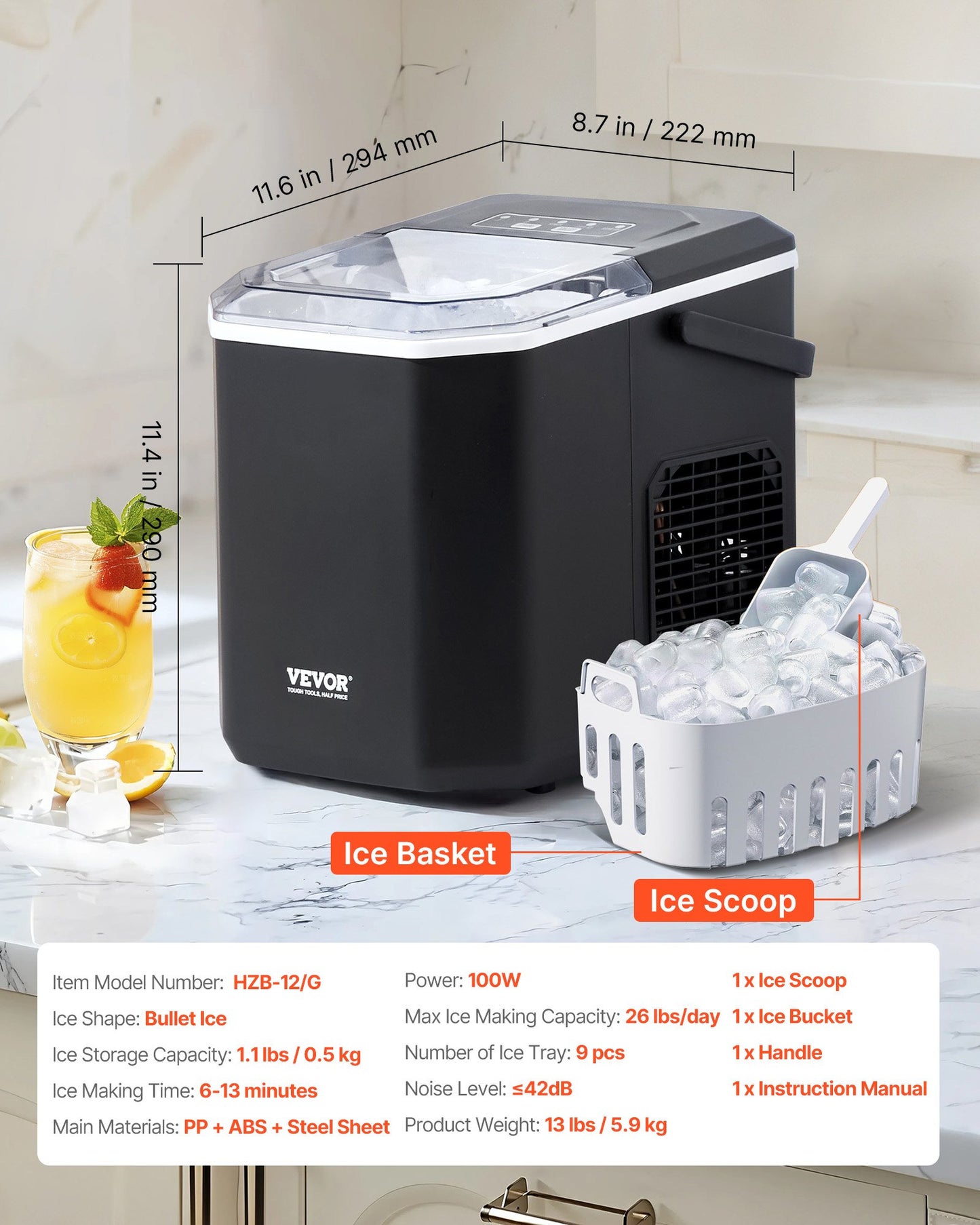 Máquina de Gelo Portátil VEVOR - 26lbs/24h, 9 Cubos em 6 Min