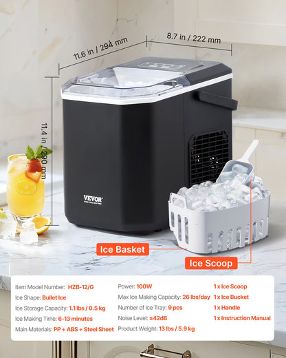 Máquina de Gelo Portátil VEVOR - 26lbs/24h, 9 Cubos em 6 Min