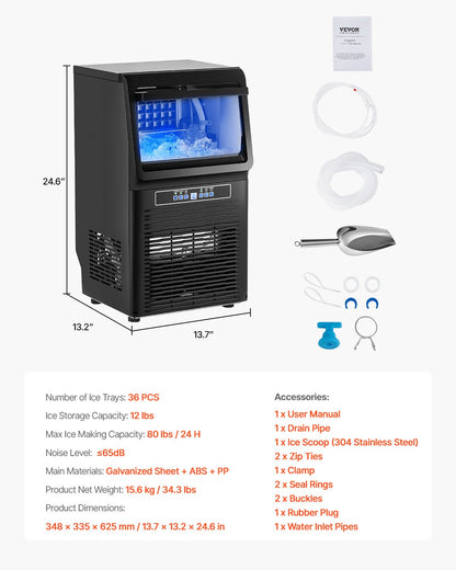 Máquina de Gelo Comercial VEVOR 80lbs/24H com Auto-Limpeza