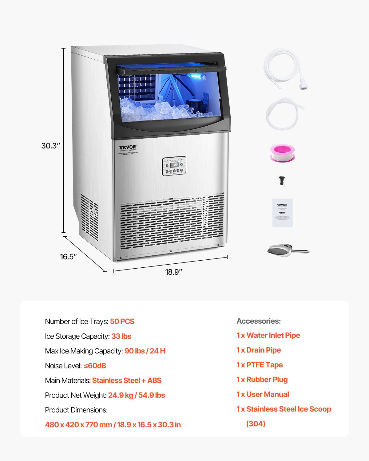 Máquina de Gelo Comercial VEVOR 90lbs/24H com Auto Limpeza