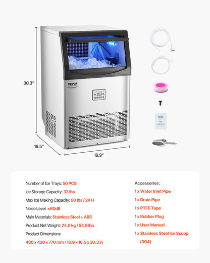 Máquina de Gelo Comercial VEVOR 90lbs/24H com Auto Limpeza