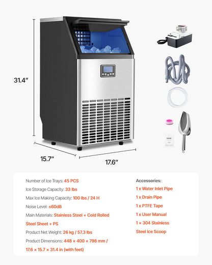 Máquina de Gelo Comercial VEVOR 100lbs/24H com Auto Limpeza