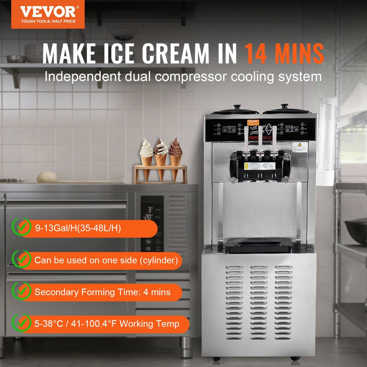 Máquina Comercial de Gelados Soft Serve 3 Sabores 34-44L/H