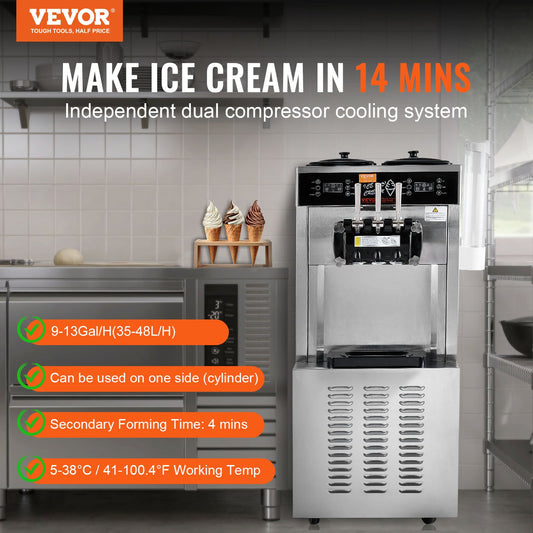 Máquina Comercial de Gelados Soft Serve 3 Sabores 34-44L/H