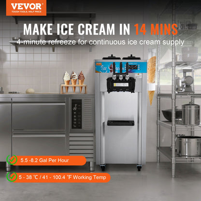 Máquina de Gelados Soft Serve Comercial 3 Sabores 1500W