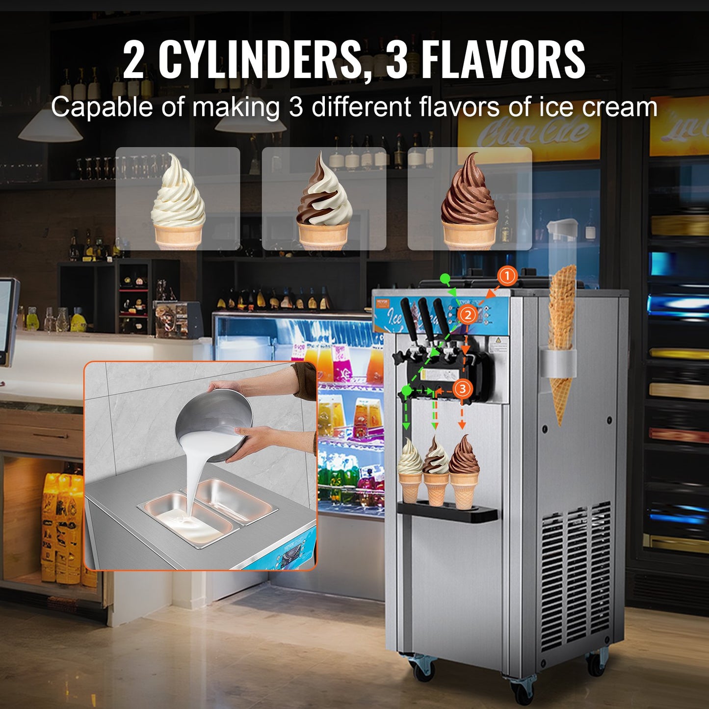 Máquina de Gelados Soft Serve Comercial 3 Sabores 1500W