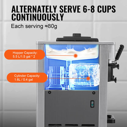 Máquina de Gelados Soft Serve Comercial 3 Sabores 1500W