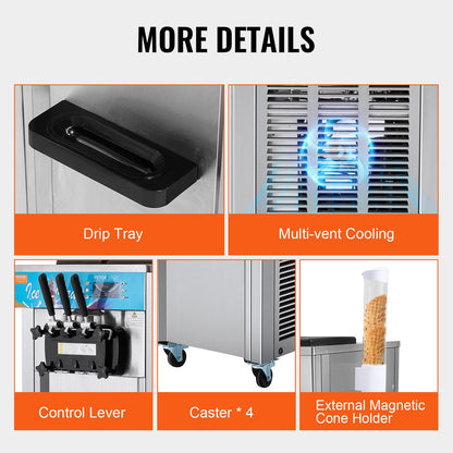 Máquina de Gelados Soft Serve Comercial 3 Sabores 1500W